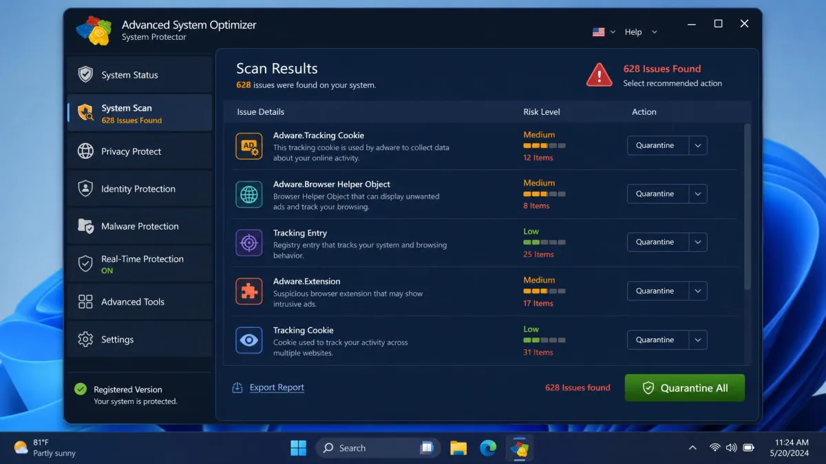 Advanced System Optimizer System Protector scan results on Windows 11, showing detected adware and tracking entries with quarantine buttons beside each item.