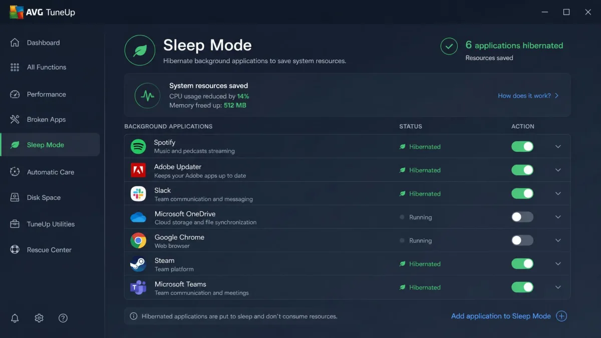 AVG TuneUp Sleep Mode panel showing a list of background applications with toggle switches, indicating which programs have been hibernated to save resources.