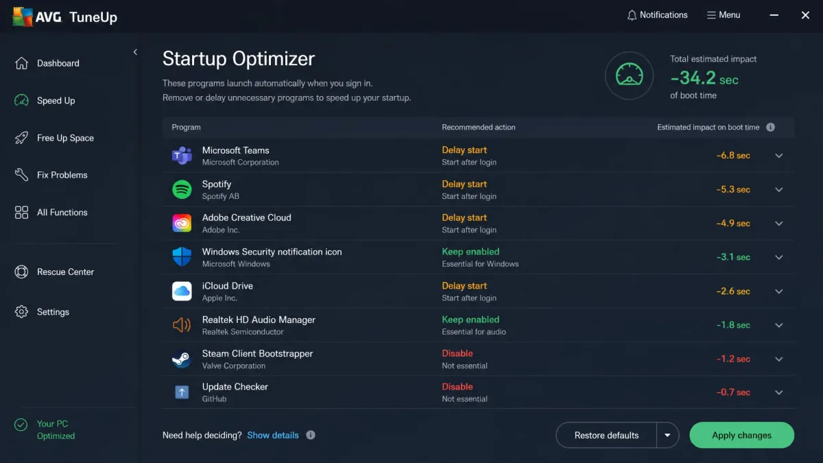 AVG TuneUp startup optimizer screen listing programs that launch at sign-in, each marked with a recommended action and its estimated impact on boot time.