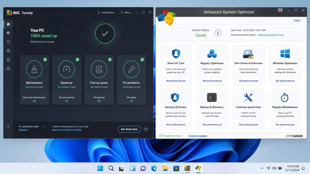Side-by-side screenshot of the AVG TuneUp dashboard on the left showing its four category tiles and the Advanced System Optimizer dashboard on the right showing its module grid, both on Windows 11.