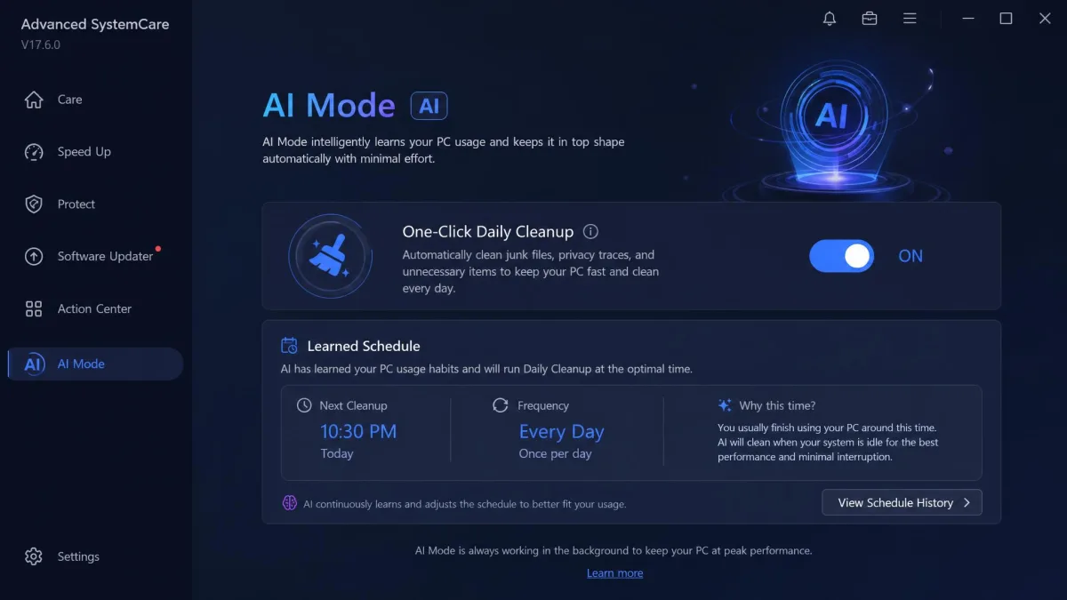 Advanced SystemCare's AI Mode panel with the one-click daily cleanup toggle and its learned schedule.
