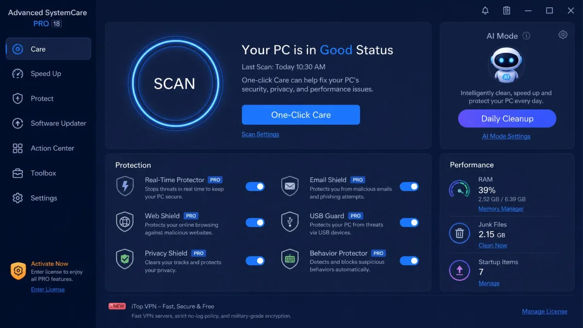 Advanced SystemCare's dashboard with its one-click status panel, protection toggles, and the AI Mode daily-cleanup button.