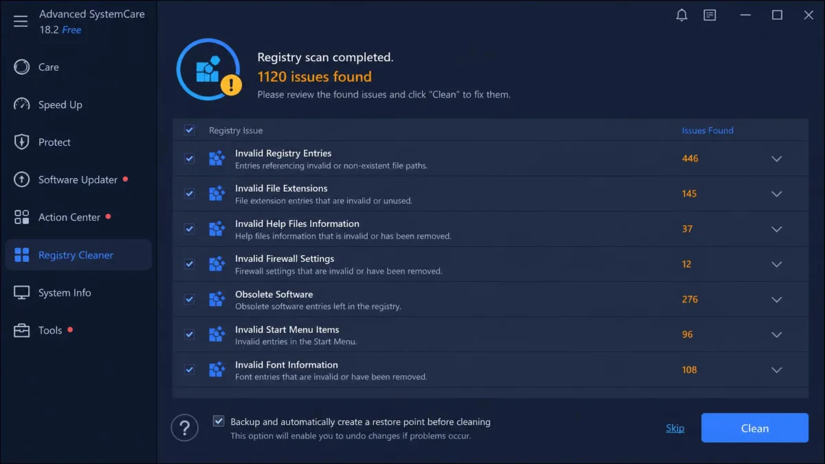 Advanced SystemCare's registry cleaner results screen listing found issues, with a restore-point prompt before cleaning.
