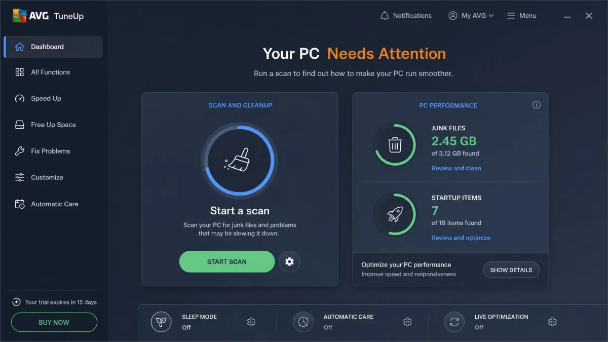 AVG TuneUp's main dashboard with the scan and cleanup panel and progress indicators for junk files and startup items.