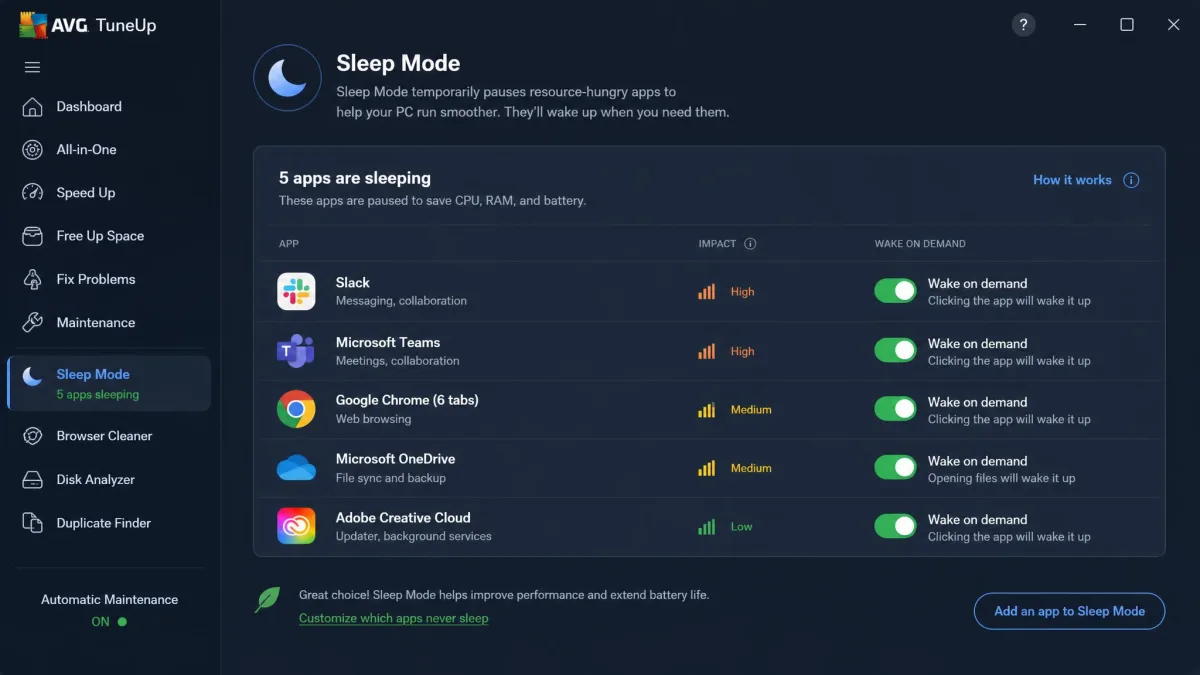 AVG TuneUp's Sleep Mode panel listing paused resource-hungry apps with a wake-on-demand switch for each.