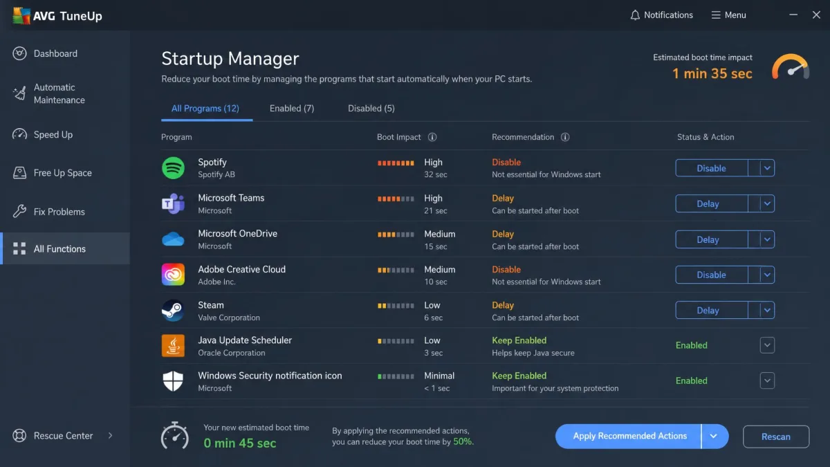 AVG TuneUp's Startup Manager ranking auto-launch programs by boot impact, with disable or delay recommendations.