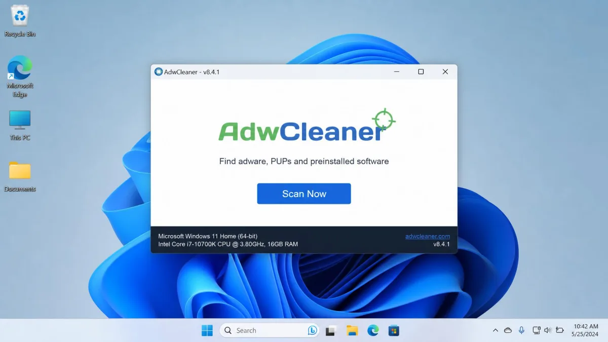 The AdwCleaner portable executable open on a Windows 11 desktop showing its single Scan Now button and the version number in the corner, with no installer window present.