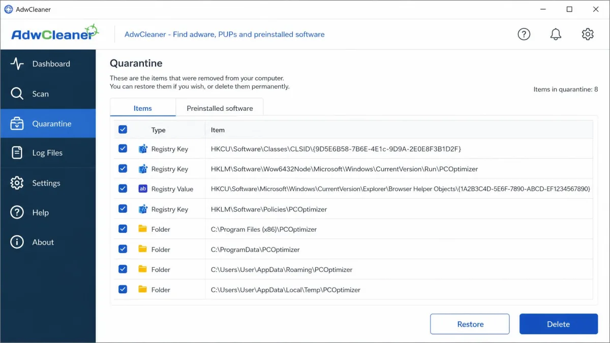 AdwCleaner's Quarantine tab showing quarantined registry keys and folders with checkboxes beside each, plus the Restore and Delete buttons underneath.