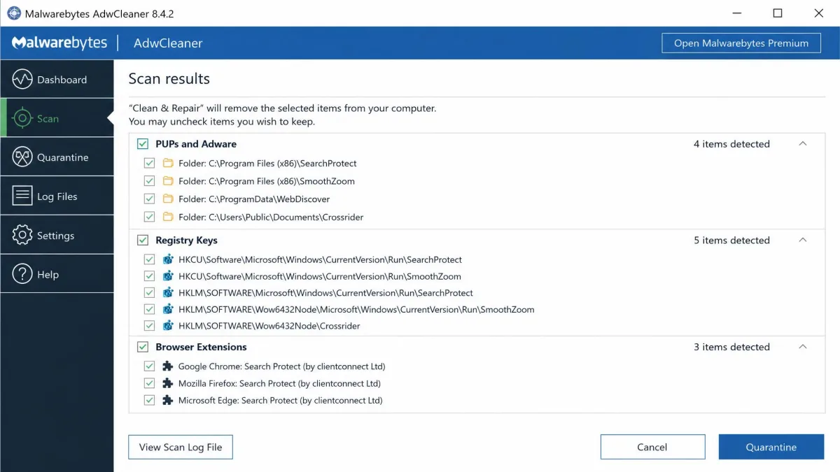 Malwarebytes AdwCleaner scan results screen listing detected PUP folders, registry keys and browser extensions with checkboxes beside each item and a Quarantine button below.