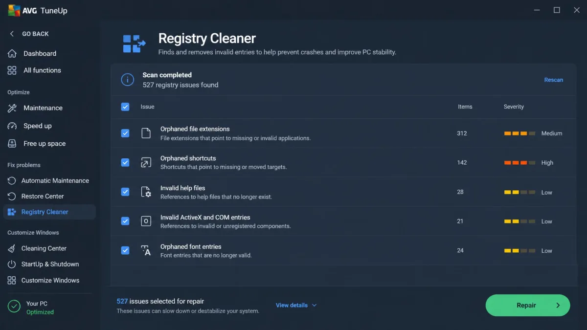 AVG TuneUp's registry cleaner listing orphaned file extension and shortcut entries found on a Windows 11 PC, with a Repair button at the bottom right.