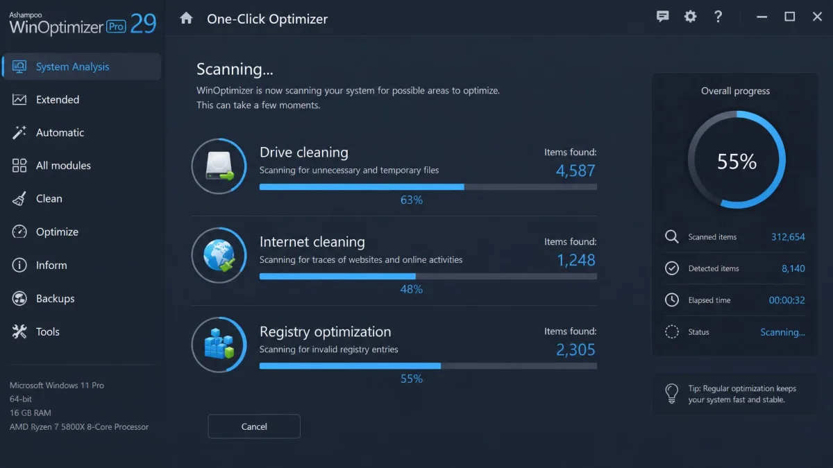 Ashampoo WinOptimizer Pro 29 One-Click Optimizer screen mid-scan, showing drive cleaning, internet cleaning and registry optimization progress bars with items found beside each.
