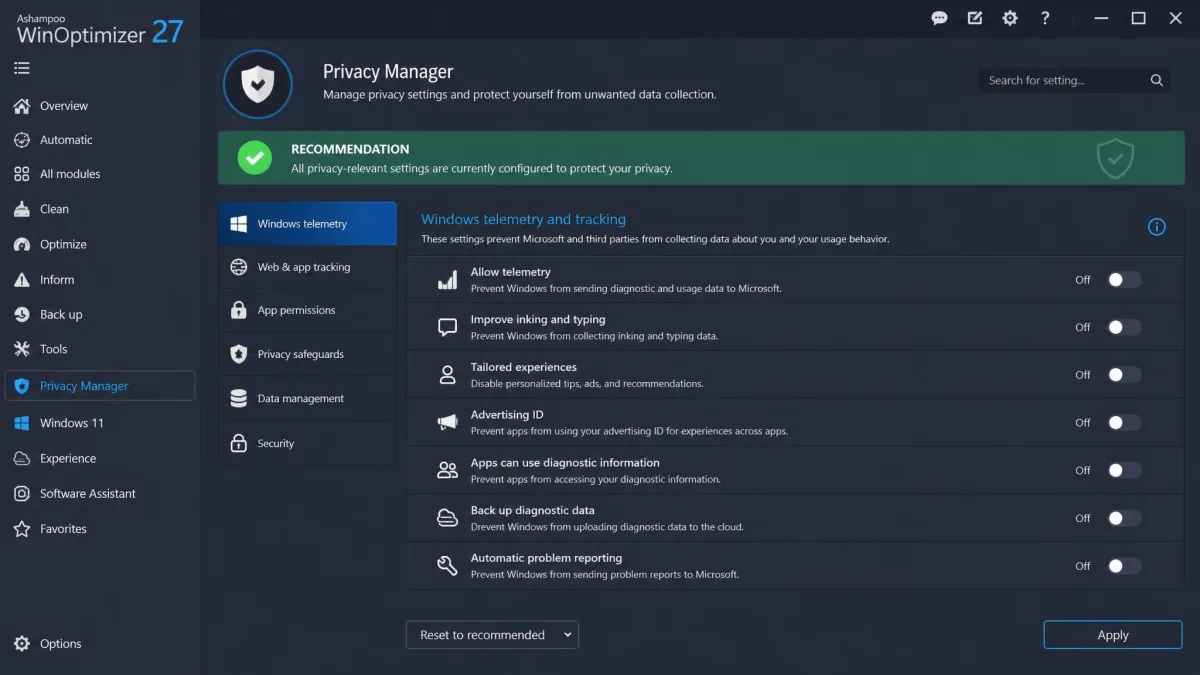 Ashampoo WinOptimizer Privacy Manager screen showing Windows telemetry and tracking toggles switched off, with a recommendation banner across the top.
