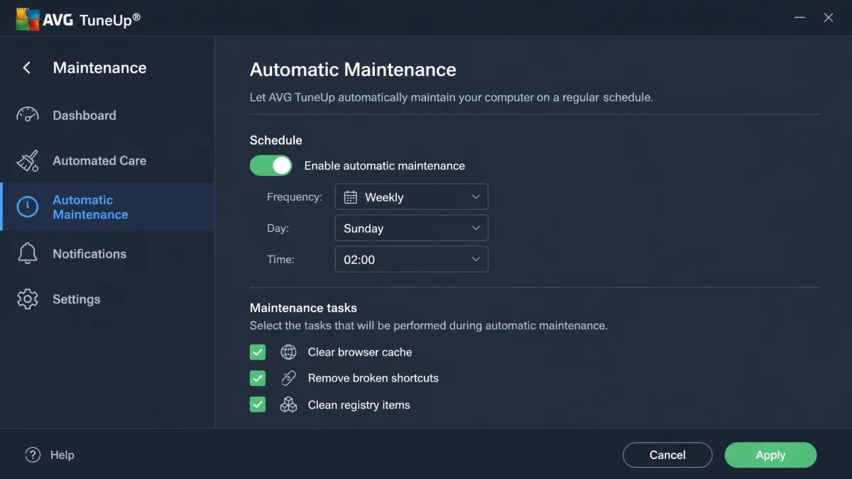 AVG TuneUp Automatic Maintenance settings panel showing a weekly schedule toggle and checkboxes for browser cache, broken shortcuts and registry items.