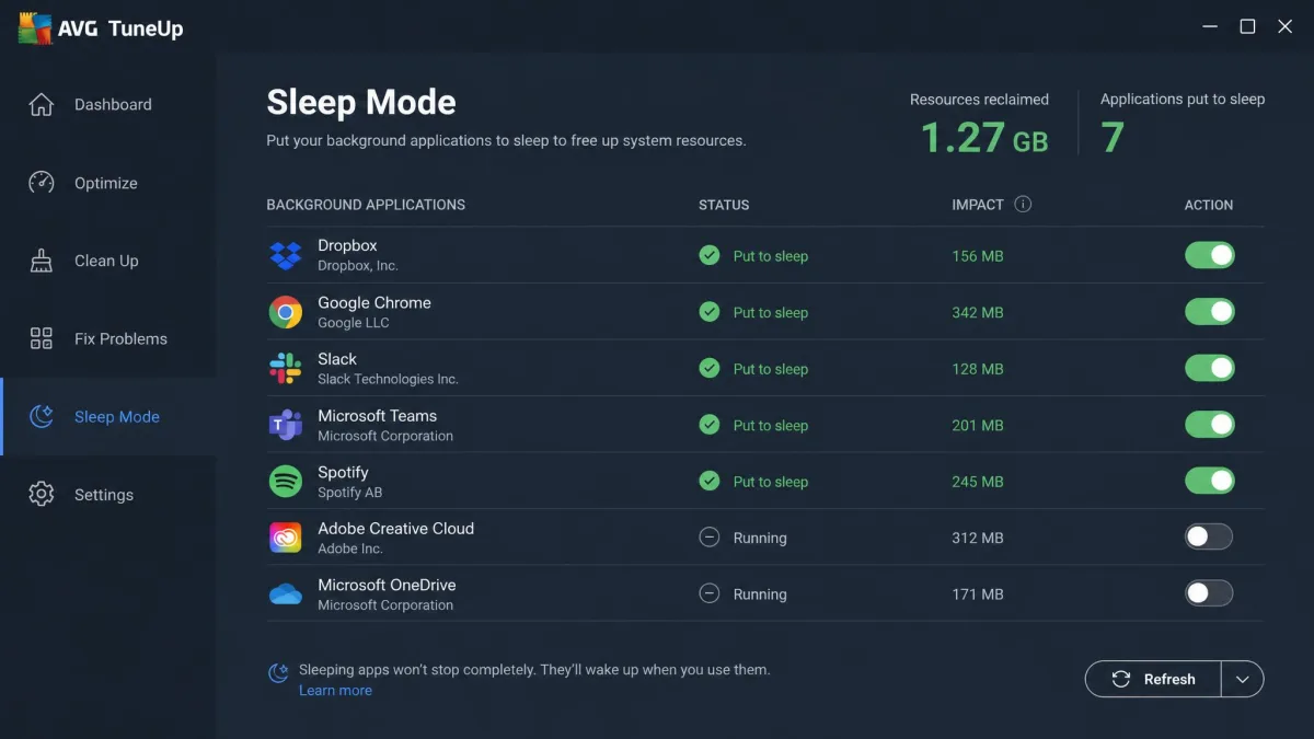 AVG TuneUp Sleep Mode screen listing background applications with toggle switches, showing several put to sleep and a count of resources reclaimed at the top.