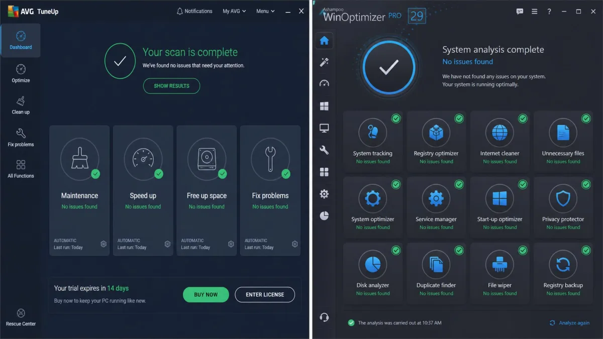 Side-by-side screenshot of the AVG TuneUp dashboard in dark blue on the left and the Ashampoo WinOptimizer Pro 29 module grid on the right, both showing a completed system scan.