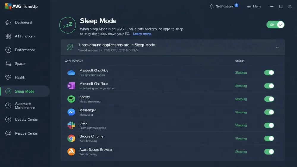 AVG TuneUp's Sleep Mode panel on Windows listing background applications that have been put to sleep to save system resources, with toggle switches beside each app.