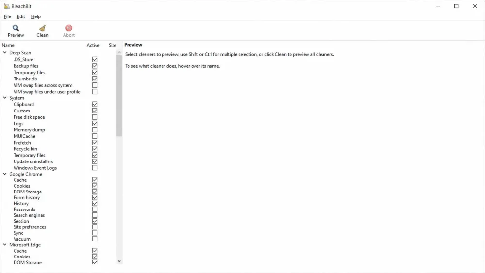 BleachBit's main window on Windows showing the long left-hand checkbox list of cleaners including Deep Scan, System, and browser categories, with a Preview button at the top.