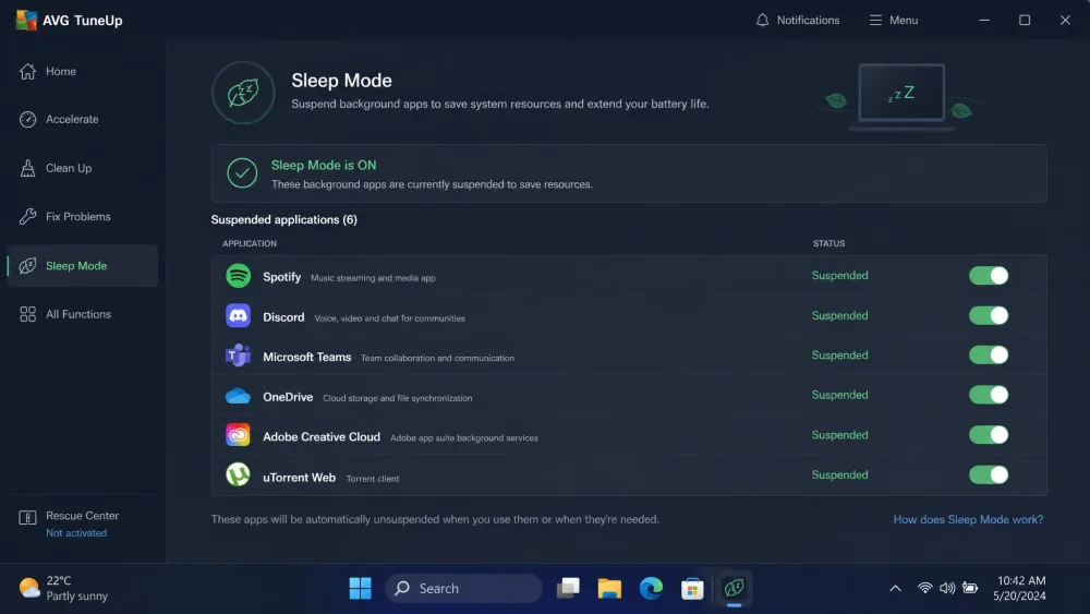 AVG TuneUp's Sleep Mode panel on Windows 11 listing several background apps suspended to save resources, with a green toggle beside each application.
