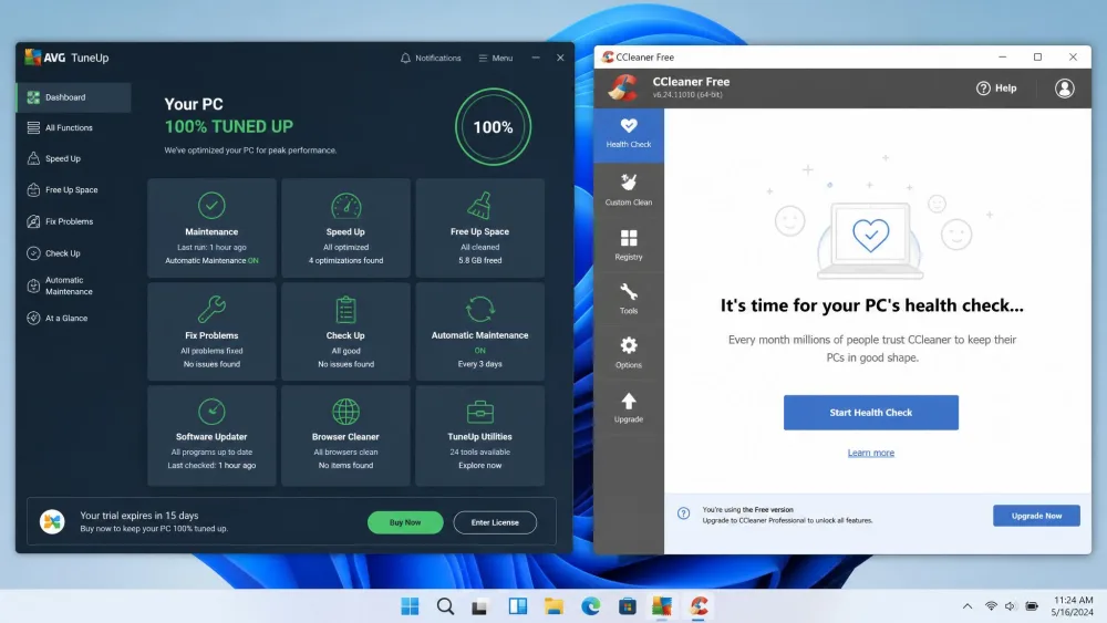 The AVG TuneUp dashboard and the CCleaner Health Check screen shown side by side on two Windows 11 windows, highlighting AVG's tile-based maintenance layout against CCleaner's minimal sidebar.