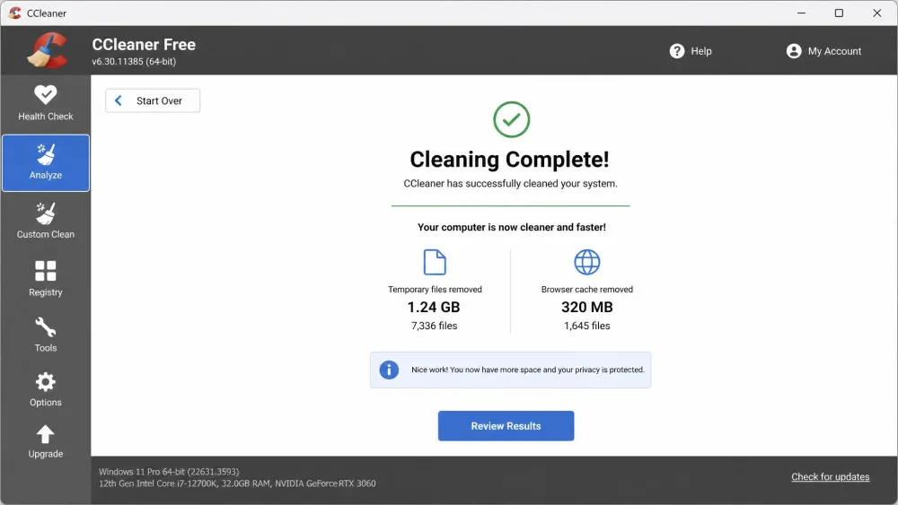 CCleaner Free showing a completed cleanup on Windows 11 with a summary of temporary files and browser cache removed, and the analyze button highlighted in the sidebar.