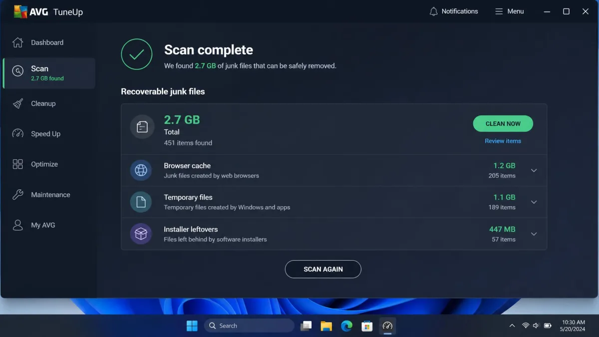 AVG TuneUp scan results screen on Windows 11 listing 2.7 GB of recoverable junk files broken down by browser cache, temporary files and installer leftovers.