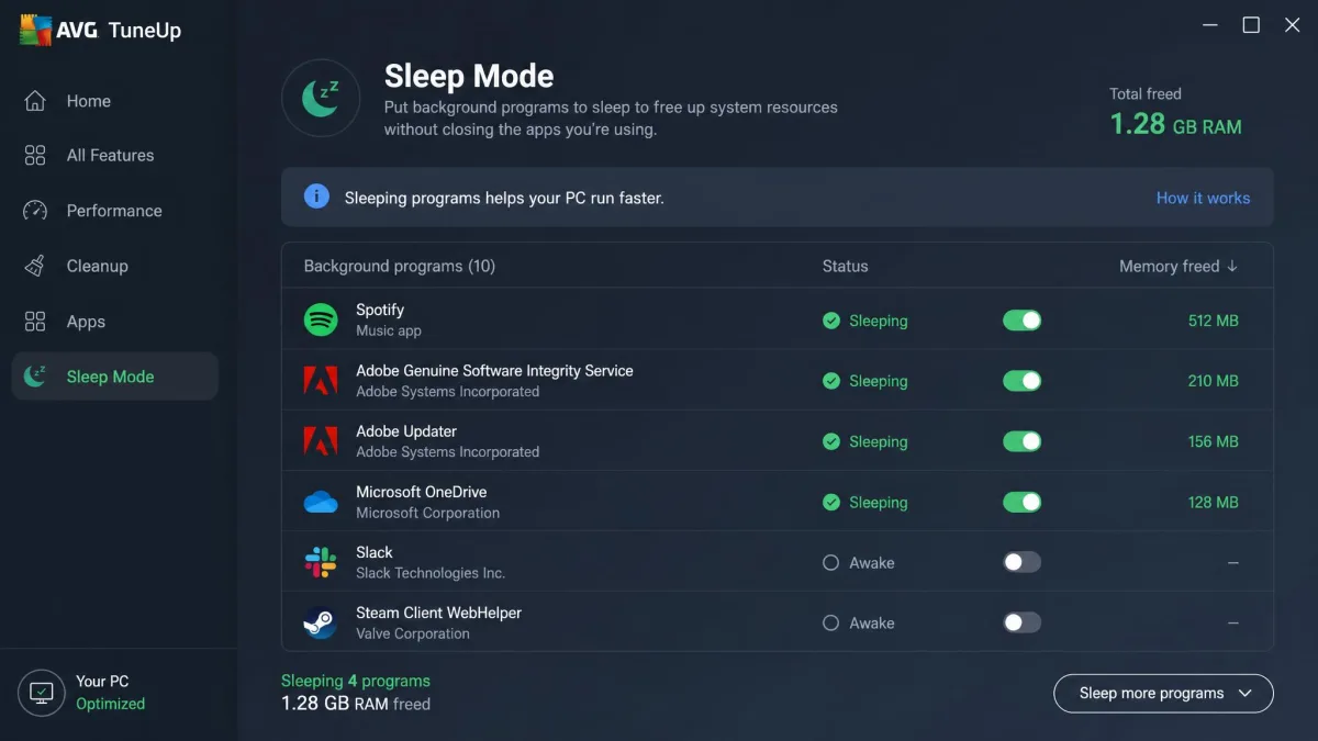 AVG TuneUp's Sleep Mode panel listing background programs such as Spotify and Adobe updater with toggles showing which have been put to sleep and how much RAM each freed.
