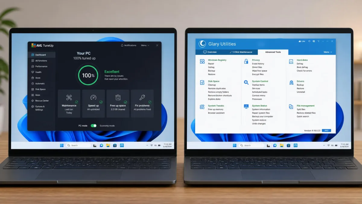 Two Windows 11 laptop screens side by side, the left showing AVG TuneUp's dashboard and the right showing Glary Utilities' tool grid, used for the head-to-head cleanup comparison.