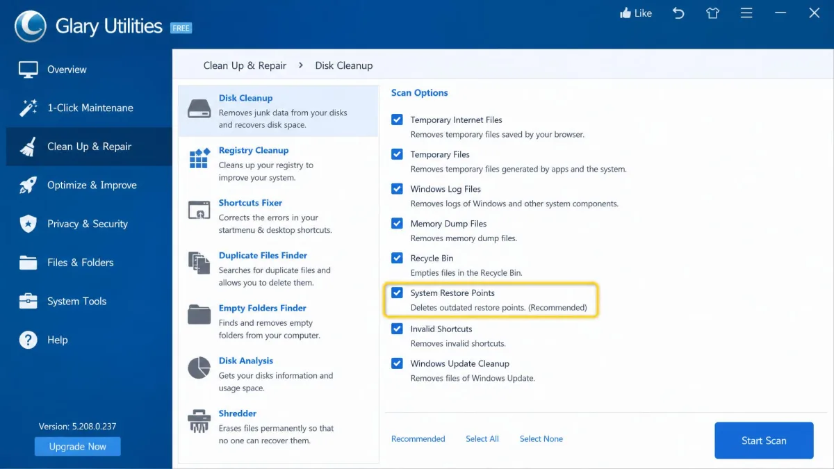 Glary Utilities disk cleanup module with the system restore points checkbox highlighted in the scan options list, showing the default selection that should be unticked.