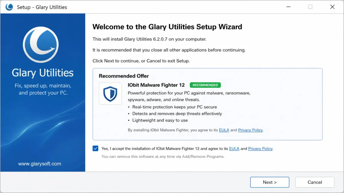 The Glary Utilities setup wizard showing an extra bundled software offer with a small pre-ticked accept box near the bottom of the window.