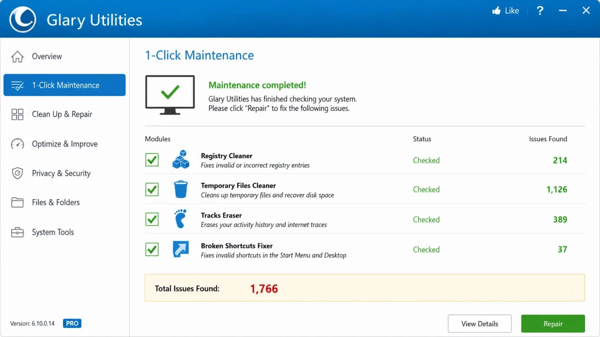 Glary Utilities 1-Click Maintenance results panel showing checked modules for registry cleanup, temporary files, tracks eraser and broken shortcuts with the total issues found highlighted.