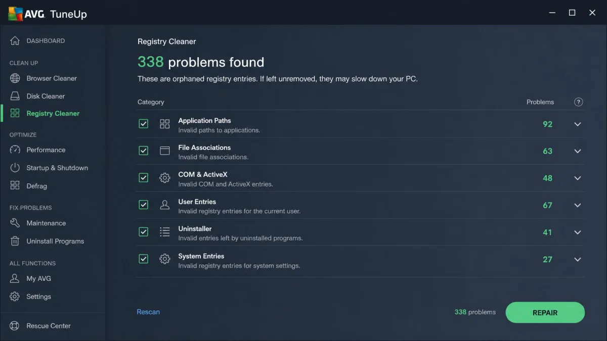 AVG TuneUp's registry cleaner results screen listing categories of orphaned entries with checkboxes and a repair button at the bottom right.