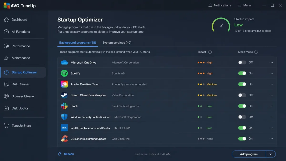 AVG TuneUp's startup optimizer screen listing background programs with impact ratings and a Sleep Mode toggle beside each entry.