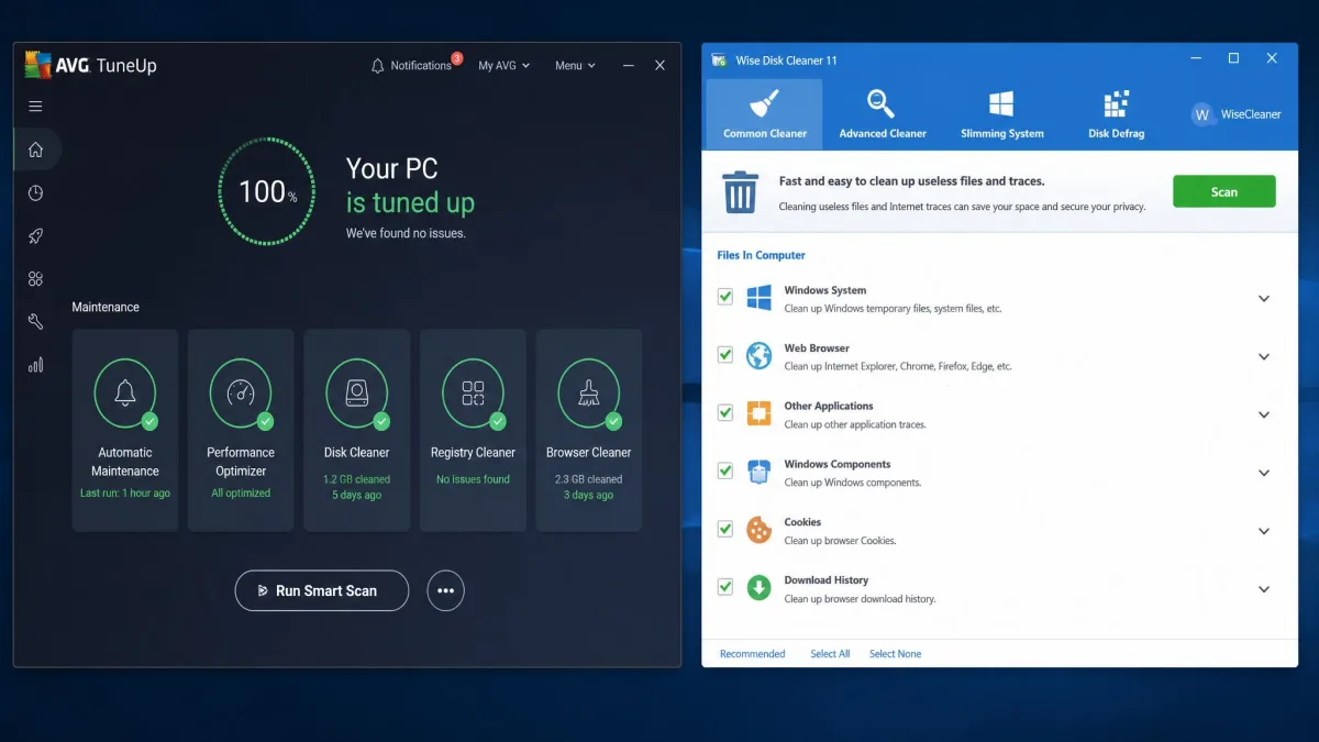 Side-by-side screenshots of the AVG TuneUp dashboard with its maintenance tiles on the left and the Wise Disk Cleaner window with its Common Cleaner scan list on the right.