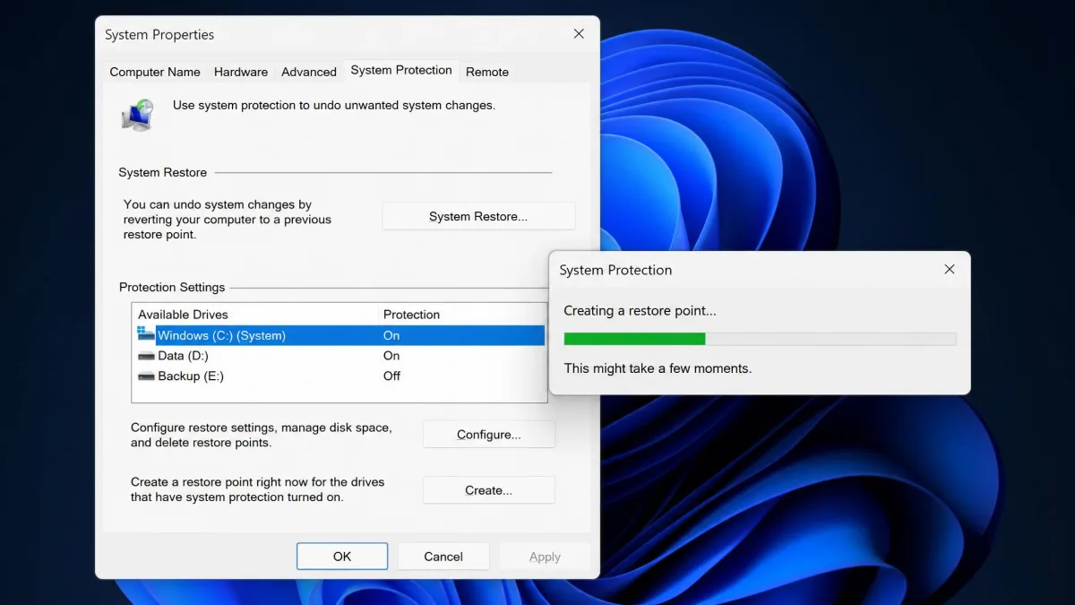 The Windows System Protection dialog with a restore point being created before running a PC cleaner, showing the drive list and the Create button.