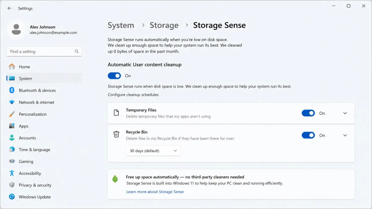 The Windows 11 Storage Sense settings page showing automatic cleanup toggles for temporary files and Recycle Bin contents, offered as a free alternative to third-party cleaners.