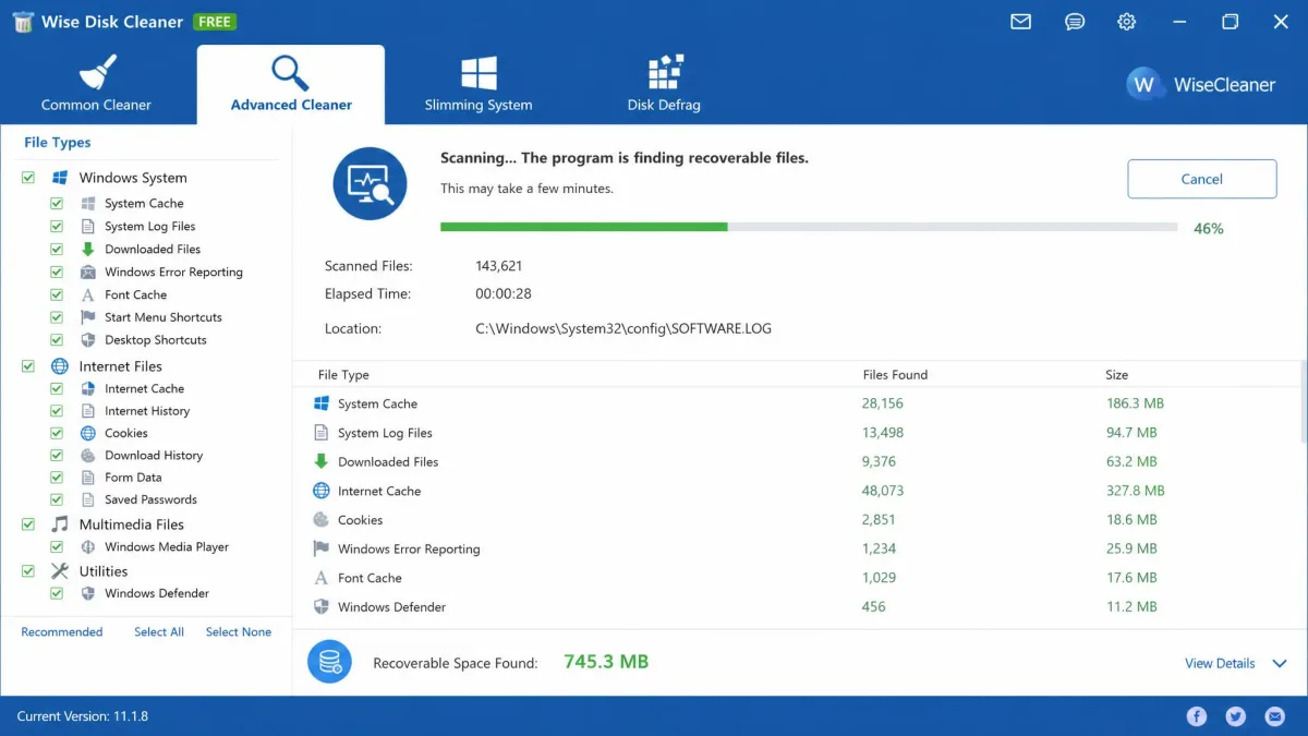 The Wise Disk Cleaner Advanced Cleaner tab mid-scan, showing the file-type checklist on the left and a running total of recoverable megabytes at the bottom of the window.