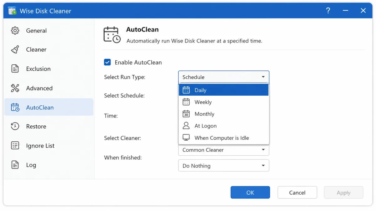 The Wise Disk Cleaner AutoClean settings panel with the schedule dropdown open, showing daily, weekly, monthly, at logon and idle options.