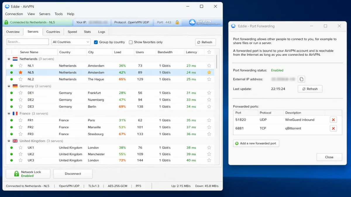 AirVPN's Eddie desktop client showing the server list with live load percentages, the Network Lock button enabled and the port forwarding panel open in a second window.