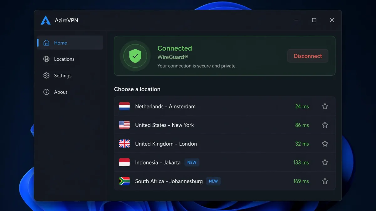 AzireVPN's desktop app showing its short list of server locations, including the newer Jakarta and Johannesburg entries, with the WireGuard connection status at the top of the window.