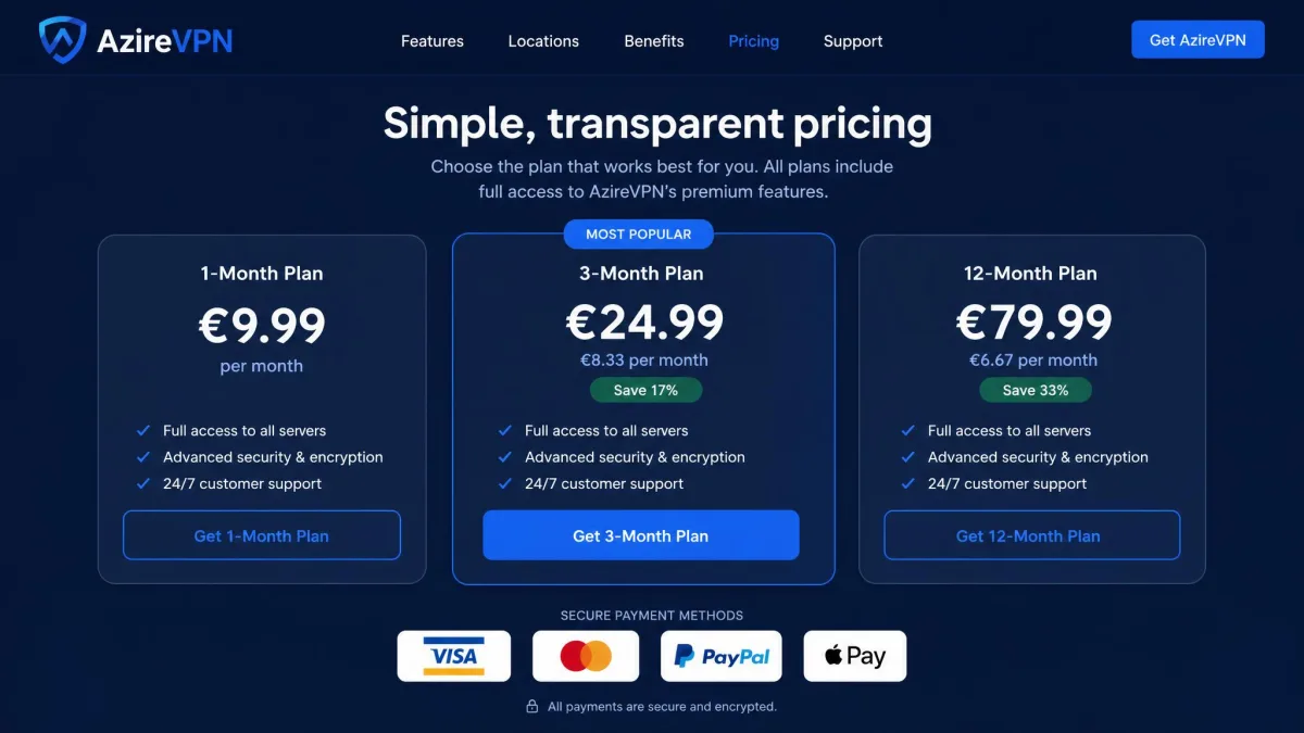 AzireVPN's pricing page listing the one-month, three-month and twelve-month plans in euros, with the card, PayPal and Apple Pay payment icons beneath the plan cards.