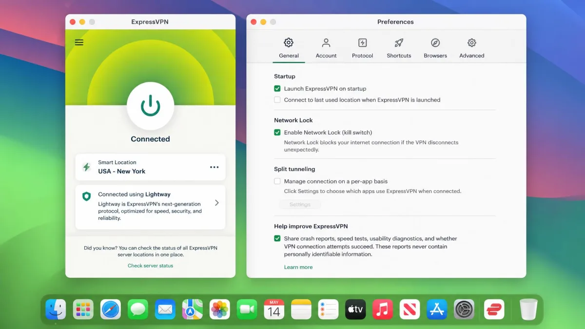 ExpressVPN's Mac app connected over the Lightway protocol, showing the smart location card and the Network Lock kill switch setting in the preferences window.