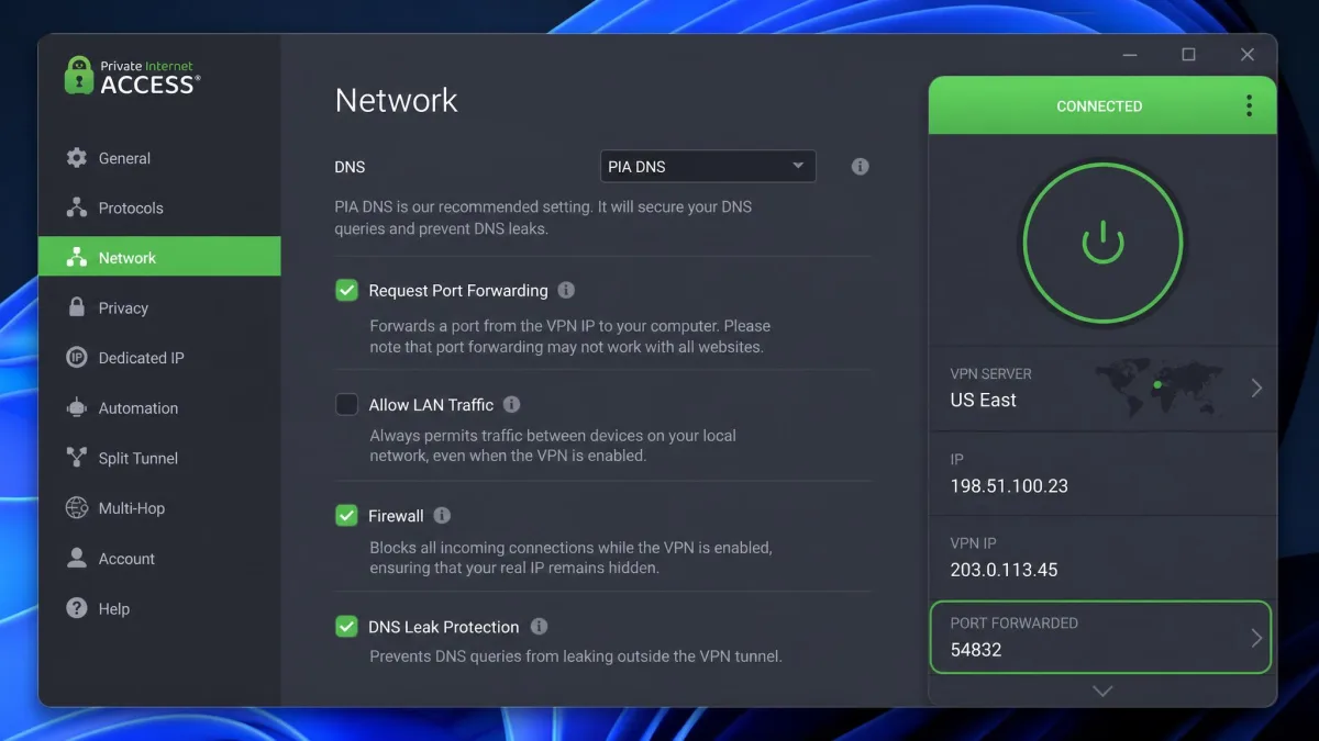 Private Internet Access desktop app with the Network settings tab open, the Request Port Forwarding checkbox ticked and the forwarded port number displayed on the main connection screen.