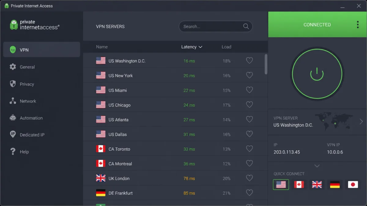 Private Internet Access screenshot