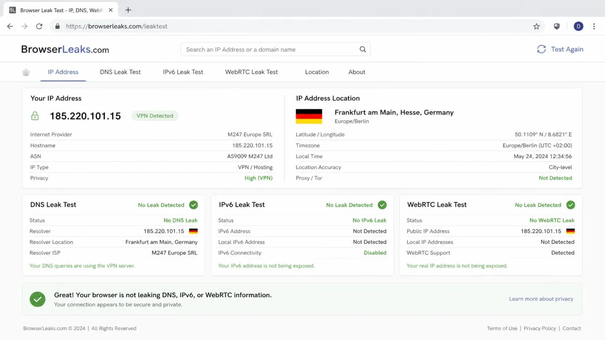 A browser leak test page showing clean DNS, IPv6 and WebRTC results while connected to a VPN server, with the detected IP address matching the VPN server's location.