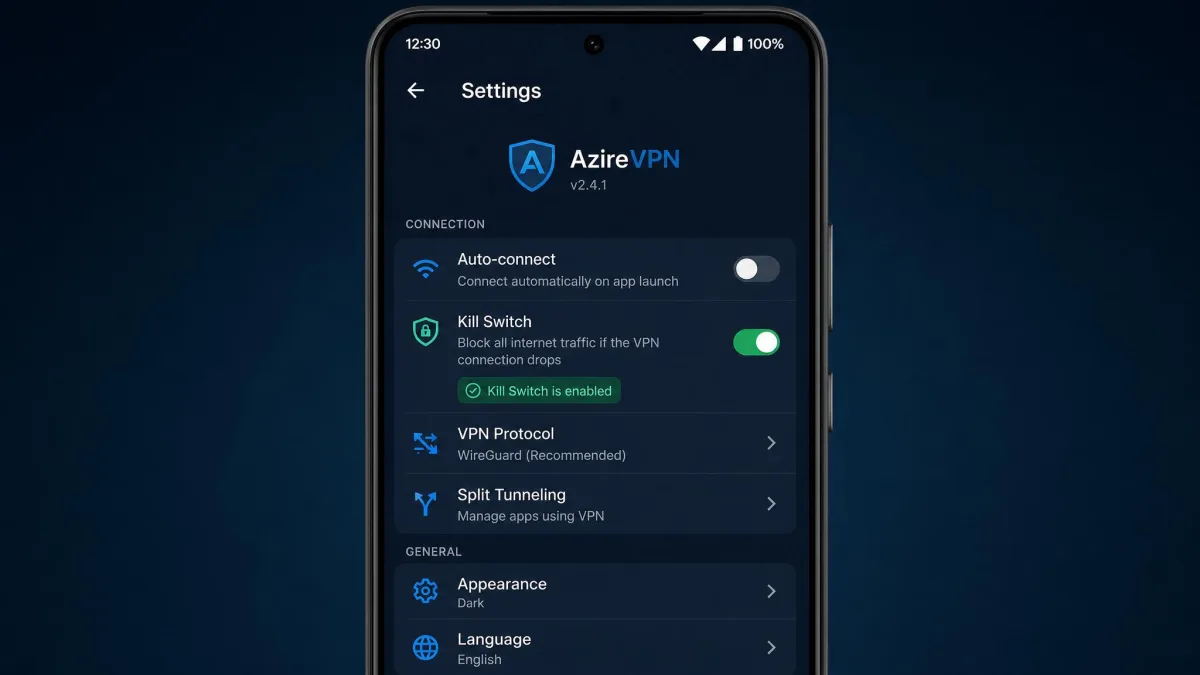AzireVPN Android app settings screen showing the kill switch toggle enabled, the feature missing from the desktop clients.