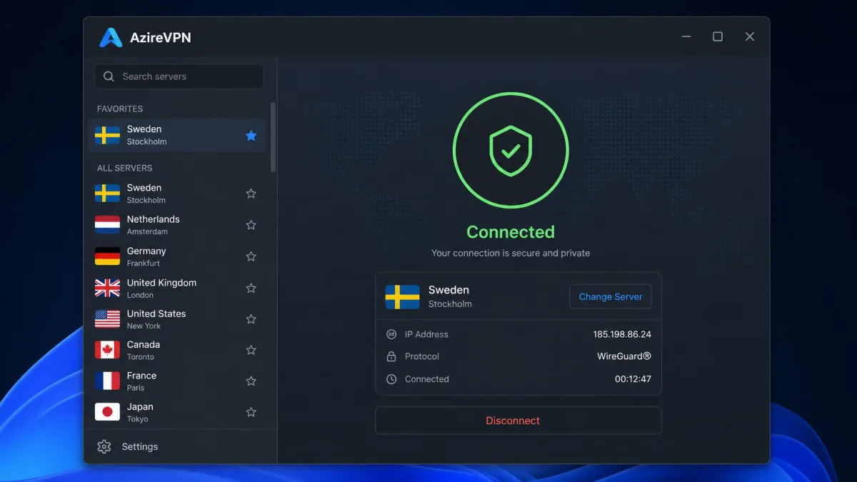 AzireVPN desktop app showing a connected session to a Swedish server, with the minimal single-window interface and a server list on the left.