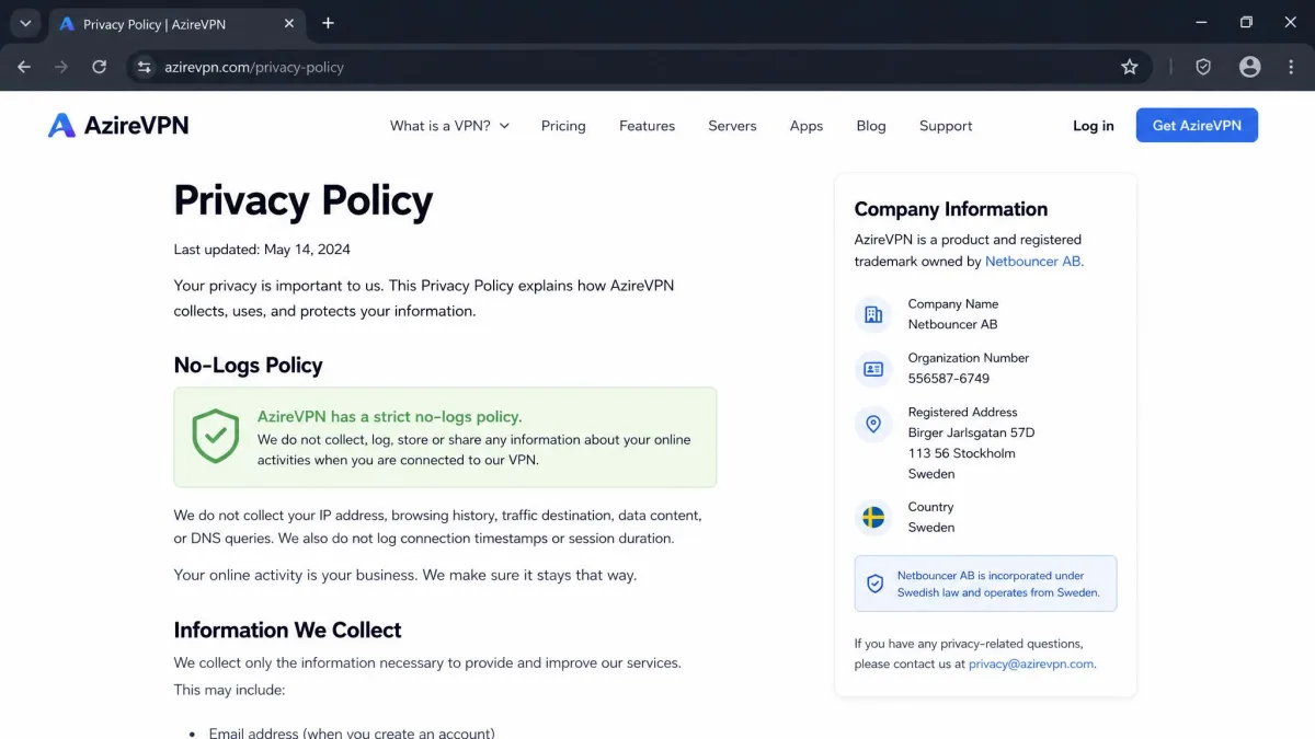 AzireVPN privacy policy page open in a browser, highlighting the no-logs statement and the Swedish company details for Netbouncer AB.