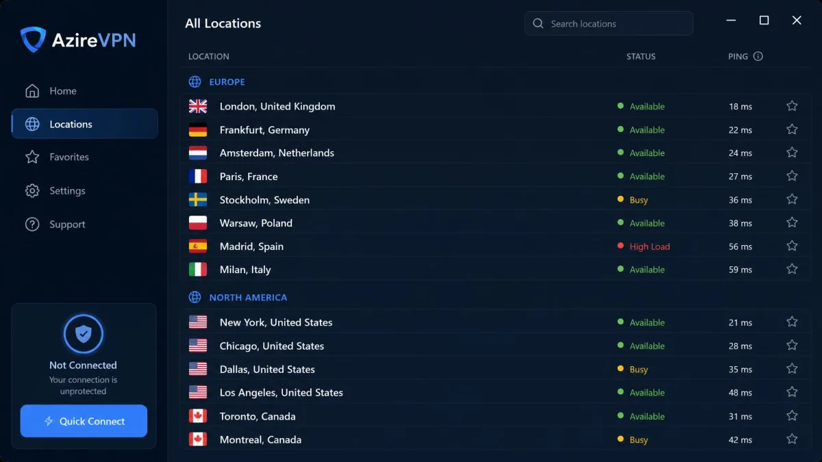 AzireVPN server location list showing available European and North American cities with connection status indicators.