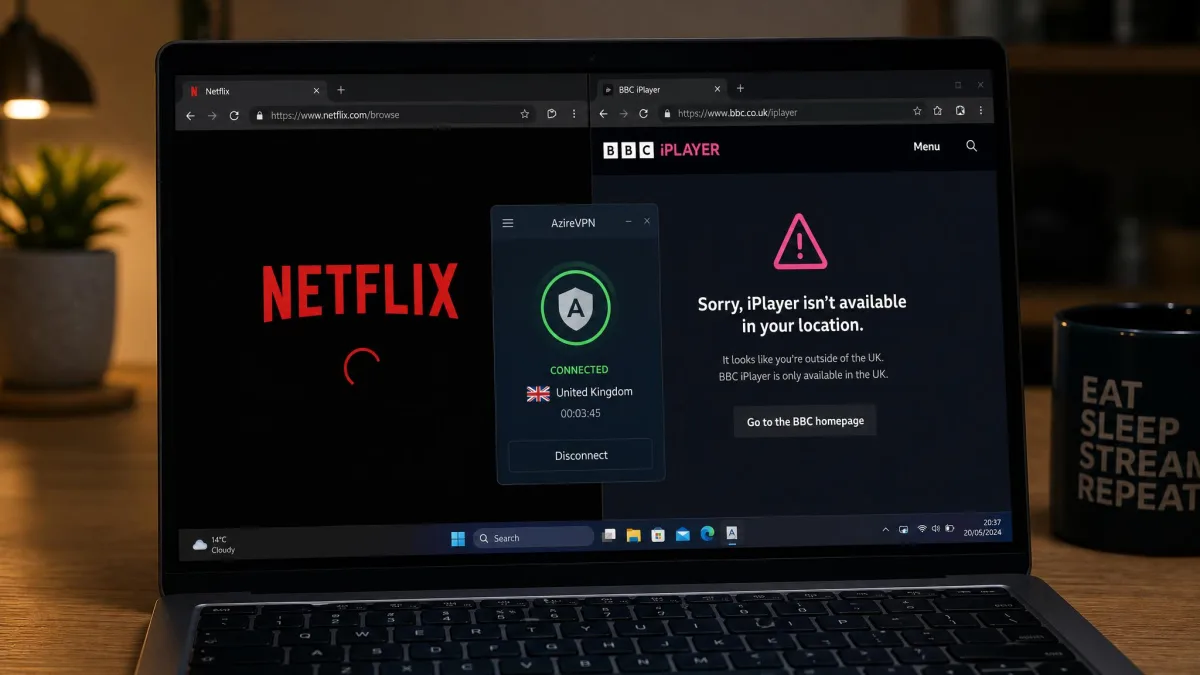 A laptop screen showing Netflix loading over an AzireVPN connection next to a failed BBC iPlayer error message.