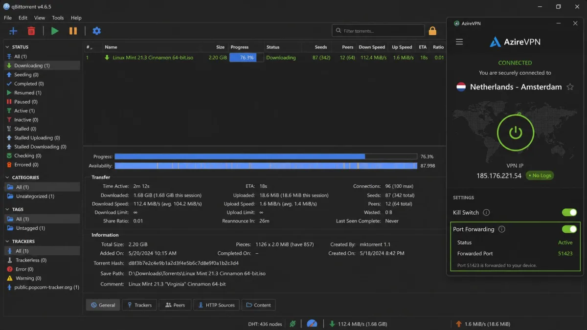 A torrent client downloading at high speed while connected to an AzireVPN server, with the port forwarding setting visible.